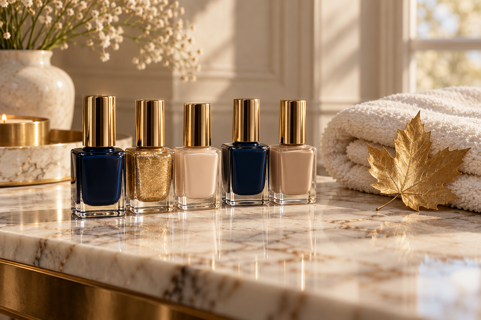 Illustrative still life of nail polish bottles in navy, gold, and nude tones beside a folded cream towel
