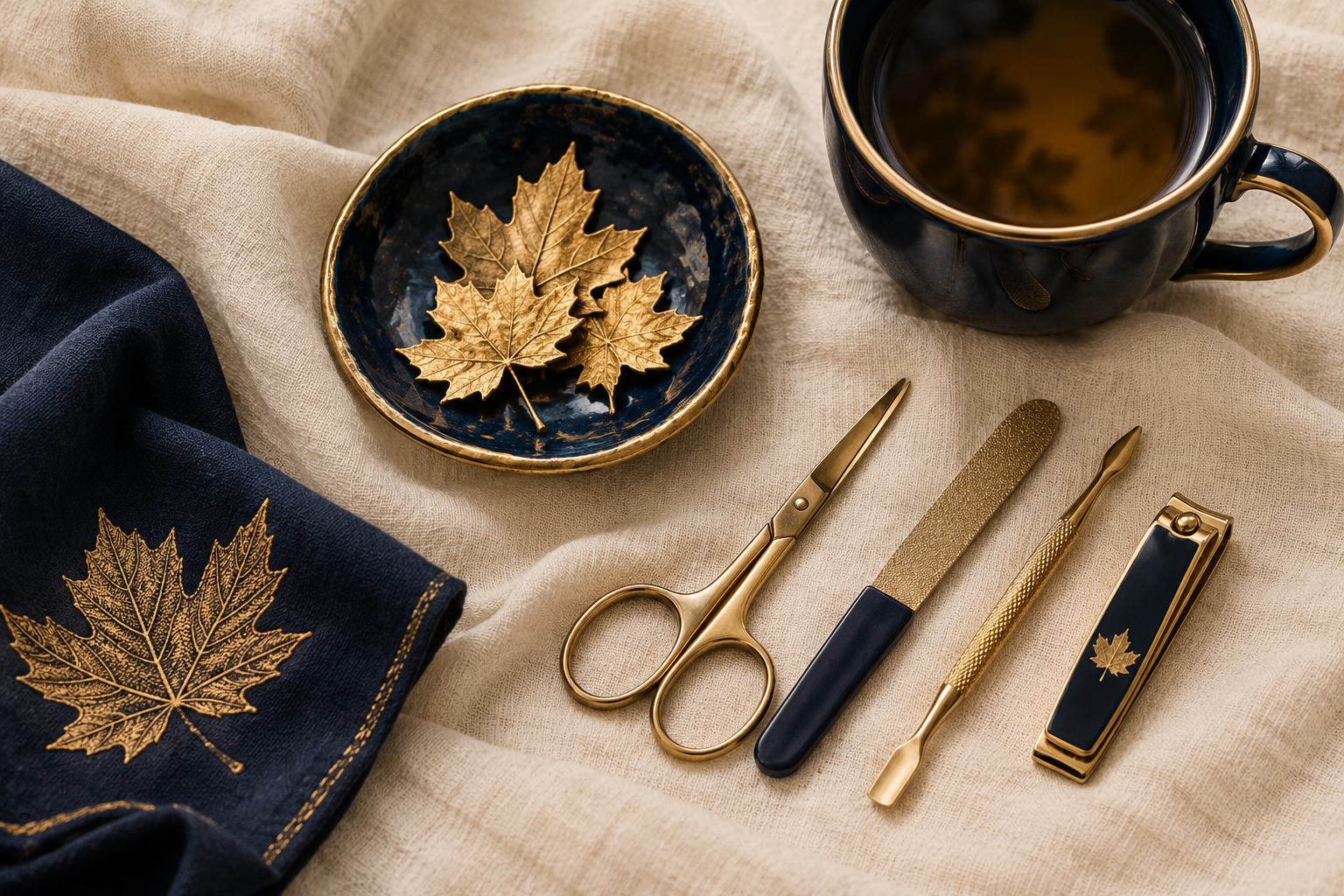 Illustrative flat lay of manicure tools and a navy ceramic cup on warm linen